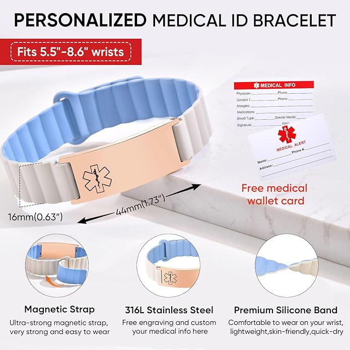 Comfortable Medical ID Bracelet for Men & Women - Custom Engraved Silicone Strap Comfort Fit Medical Alert Bracelets for Sports,Adjustable Waterproof Customizable Wristband for Diabetic