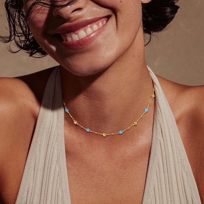 MTMY Beaded Necklaces for Women 14K Gold Plated Dainty Colorful Green/Rose Beaded Pearl Choker Necklace Delicate Boho Choker Necklace Jewelry Gift