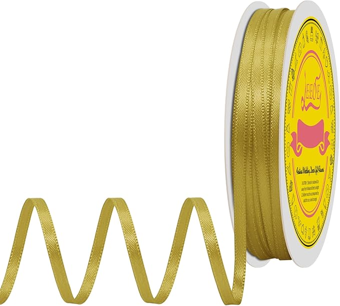 LEEQE Double Face Gold Satin Thin Ribbon 1/8 inch X 50 Yards Polyester Gold Ribbon for Gift Wrapping Very Suitable for Weddings Party Hair Bow Invitation Decorations and More