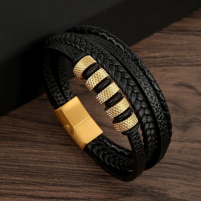 Italian Handmade Genuine Leather Bracelets for Men Stainless Steel Clip, Men's Casual Genuine Multi-layer Cuff Bracelet, Bracelet Gift for Real Men