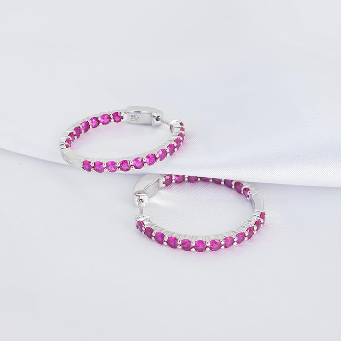 Hoop Earrings with 40 Colored Gemstones, Birthstone Earrings, 925 Sterling Silver Rhodium Plated, Push Back Closure, 1.18'