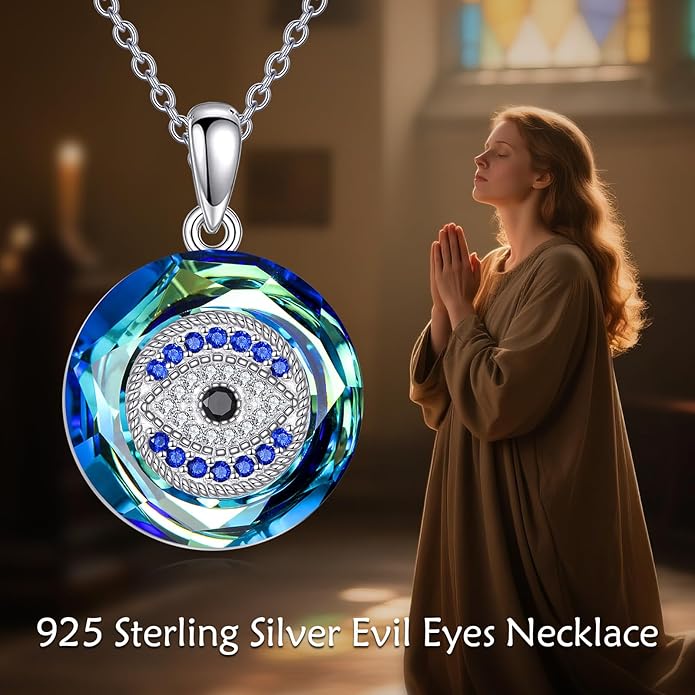 YFN Evil Eye Pendant Necklace for Women 925 Sterling Silver Greek Protection Jewelry with Blue Sapphire and Black Cz Amulet Gift