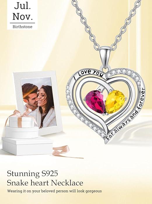 Zeuslia Double Birthstone Necklace Gifts for Wife - 925 Sterling Silver Sunflower/Rose/Crown Cross/Compass/Heart Pendant I Love You Necklace, Anniversary Birthday Gifts for Wife Girlfriend Mom Her