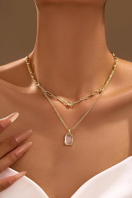 Gold Layered Pendant Necklaces for Women 14k Gold Plated Crystal Choker Necklace Paperclip Rhinestone Necklace Party Prom Jewelry
