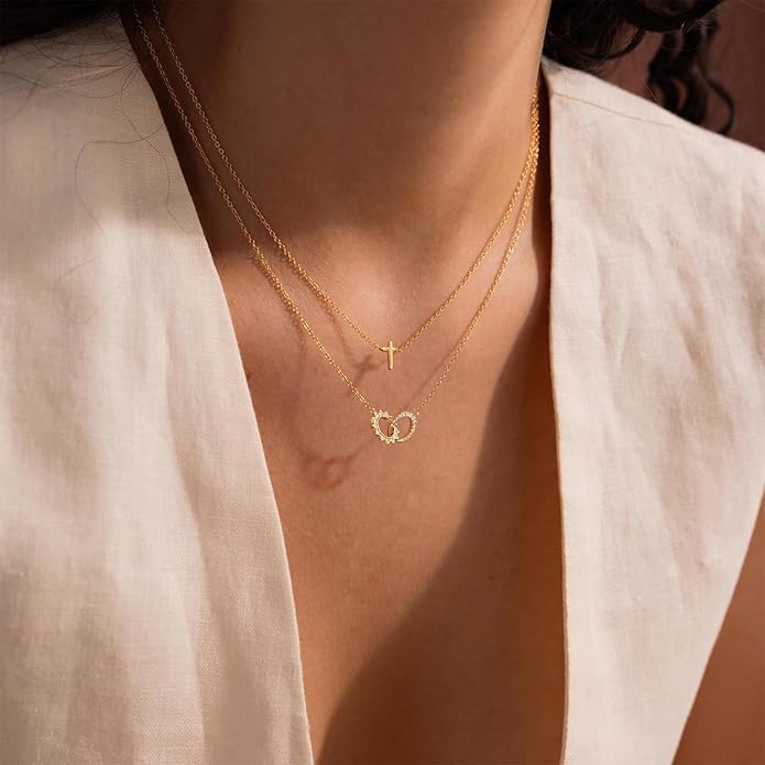 Gold Necklace for Women, Dainty 14K Gold Plated Pendant Necklaces for Women Trendy Simple Choker Chain Cubic Zirconia Circle/Interlocking/Sun Necklace Fashion Jewelry Birthday Christmas Gift