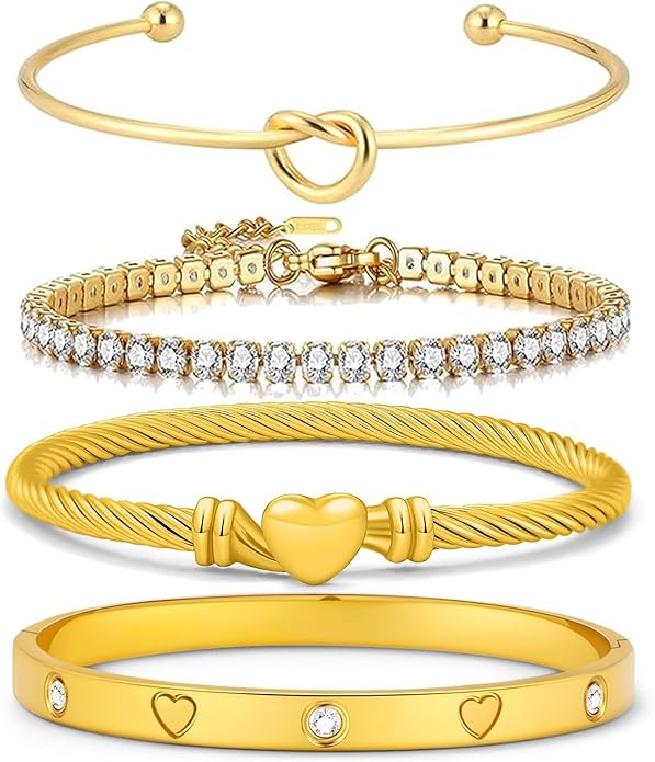 FAFUGA 18 K Gold Plated Love Bangle Bracelet Stack Cuff Jewelry for Women Jewelry Set for Women Gift with Box