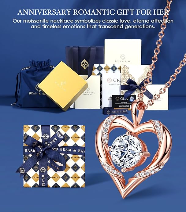 Beam & Bask 2-3 Ct Moissanite Heart Necklaces for Women, 18K Gold Plated Romantic Pendant for Anniversary Birthday, 925 Sterling Silver Jewelry for Wife Girlfriend Mom Her