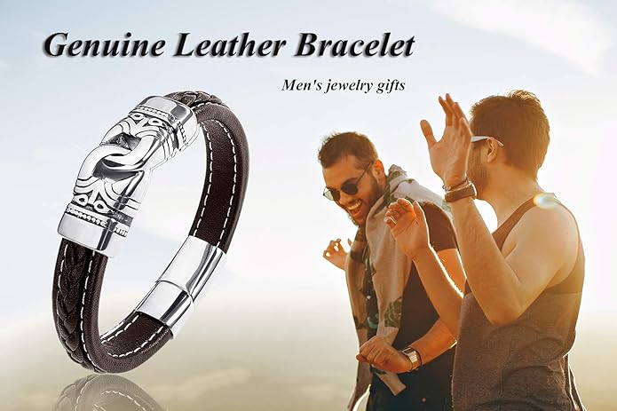 Mens Leather Bracelet,Braided Leather Wristband Cuff Bracelets Stainless Steel Clasp,Jewellery Gift for Men