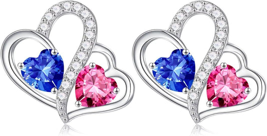 Iefil Valentines Day Gifts for Her - Birthstone Earrings Gift for Women, 925 Sterling Silver Double Heart Birthstone Earrings | Anniversary Birthday Gifts for Women, Personalized Jewelry for Wife Mom