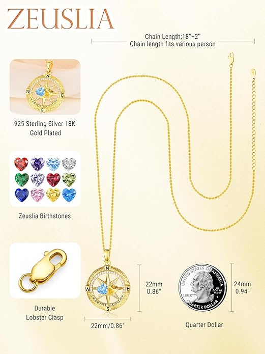 Zeuslia Double Birthstone Necklace Gifts for Wife - 925 Sterling Silver Sunflower/Rose/Crown Cross/Compass/Heart Pendant I Love You Necklace, Anniversary Birthday Gifts for Wife Girlfriend Mom Her