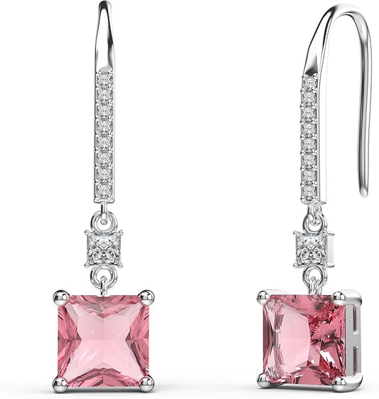 18K White Gold Plated Sterling Silver Square Princess Cut Cubic Zirconia Dangle Earrings for Women Square CZ Diamond Drop Dangling Earrings for Women Mom Hypoallergenic