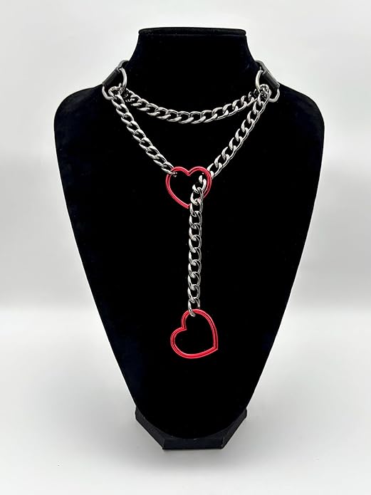 Black Leather Choker Collar For Women, Handmade Heart Slip Chain Choker Long Necklace with Adjustable Buckle