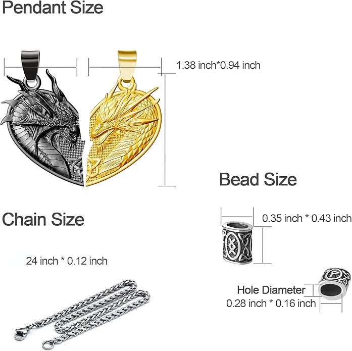 ZiWuark Matching Dragon Necklace Couples Viking Heart Necklace Jewelry for Men Women with Rune Beads