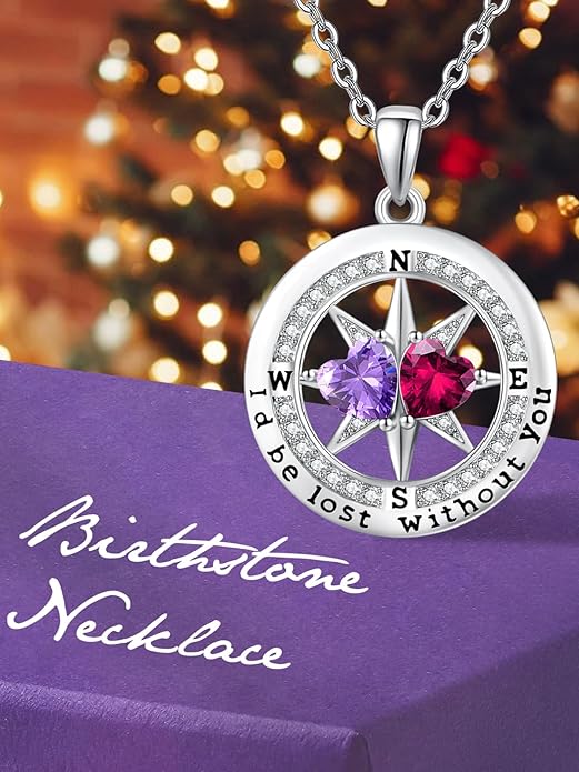 Compass Birthstones Necklace for Women, Exquisite Anniversary Birthday Gifts for Wife Her Double Birthstone Pendant jewelry ‘I'd be Lost Without You’
