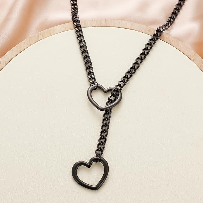 Heart Slip Chain Necklaces for Women,Stainless Steel O-Ring Adjustable Lariat Y-Necklace,Punk Gothic Cuban Collar Choker Necklace for women