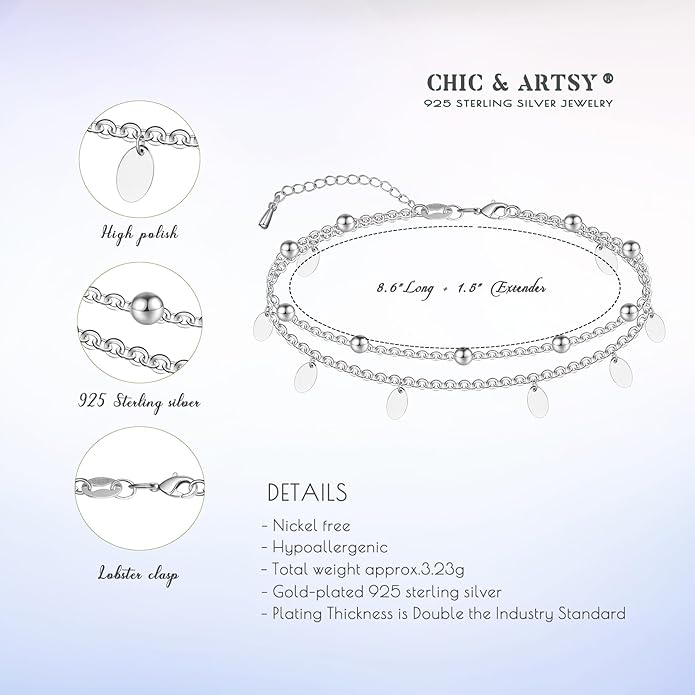 CHIC & ARTSY 925 Sterling Silver Ankle Bracelet Multilayer Anklets for Women Satellite, Star, Cross, Circle, Butterfly, Teardrop, Oval Disk Layered Anklet Beach Jewelry
