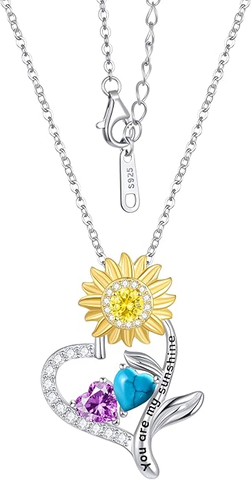 PERJI Valentine's Day Gifts for Women - 925 Sterling Silver Double Birthstone Sunflower Necklace, Anniversary Birthday Jewelry You are My Sunshine Gifts for Wife Couple Girlfriend 18"+2" Non Tarnish