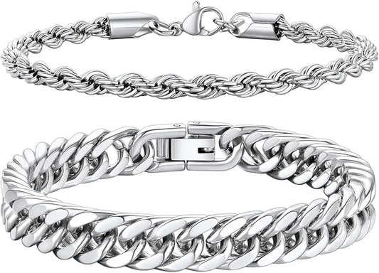 Richsteel 2PCS/3PCS Bracelets Chain for Men Women Stainless Steel Silver/Gold/Black Cuban/Rope Link Chain Bracelets Set, 7.4/8.2/9 Inch Hand Chain Length for Men Women Jewelry