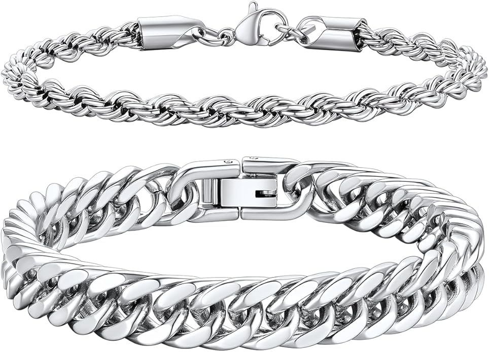 Richsteel 2PCS/3PCS Bracelets Chain for Men Women Stainless Steel Silver/Gold/Black Cuban/Rope Link Chain Bracelets Set, 7.4/8.2/9 Inch Hand Chain Length for Men Women Jewelry