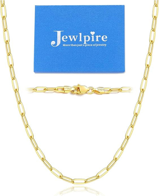 Jewlpire 14K Gold Plated 925 Sterling Silver Paperclip Chain Necklace for Women, 2.5mm 3mm Necklace for Women, Comfortable Women's Chain Necklaces 16 18 20 22 24 26 Inch