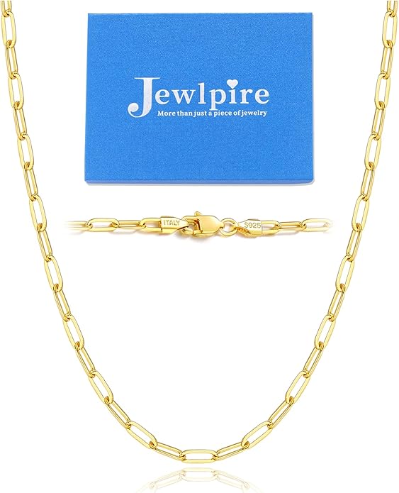 Jewlpire 14K Gold Plated 925 Sterling Silver Paperclip Chain Necklace for Women, 2.5mm 3mm Necklace for Women, Comfortable Women's Chain Necklaces 16 18 20 22 24 26 Inch