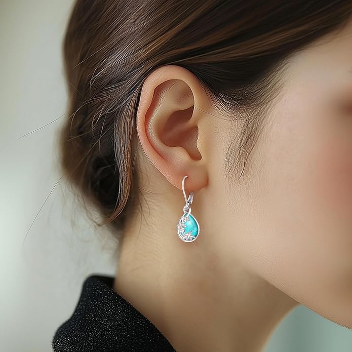 Sterling Silver Tree of Life/Flower/Bee/Animals/Cat/Hummingbird Dangle Earrings Moonstone Turquoise Drop Leverback Earrings Jewelry Gifts