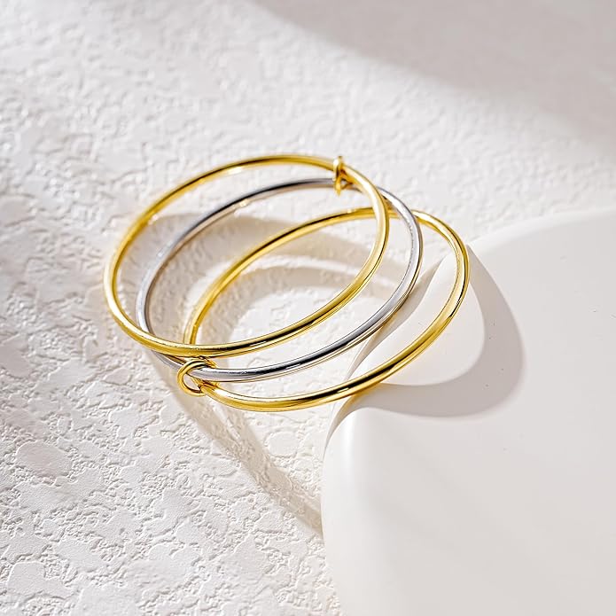 NOKMIT Triple Interlocked Stackable Bangle Bracelets for Women 3-Pack Two-Tone High Polished Stainless Steel Bangle Set Classic Plain Thin Non-Tarnish Gold&Silver