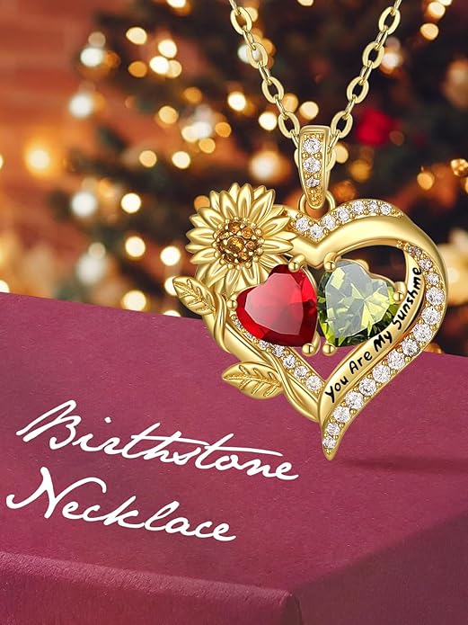 Sunflower Heart Necklace for Women 14K Gold Exquisite Anniversary Birthday Gifts for Wife Mother Her Double Birthstone Pendant jewelry‘You Are My Sunshine’