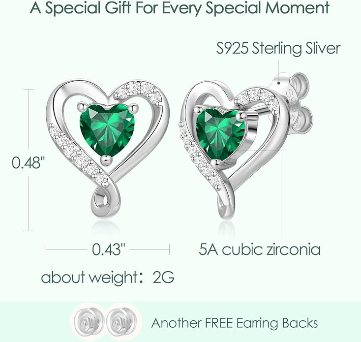 Earrings for Women, S925 Sterling Silver Rose Gold Birthstone Heart Studs Earring for Girlfriend Wife, Anniversary Birthday Christmas Valentines Mothers Day Gifts Jewelry for Women Wife Her Mom