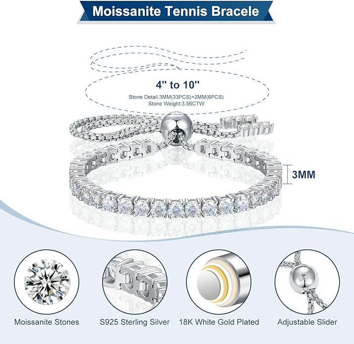 Moissanite Tennis Bracelet 1.52ct-7.76ct Adjustable Bracelet for Women 18K White Gold Plated S925 Sterling Silver Tennis Bracelet D Color VVS1 Round Cut 2/3/4mm Moissanite Bracelet Gifts for Wife/Mom