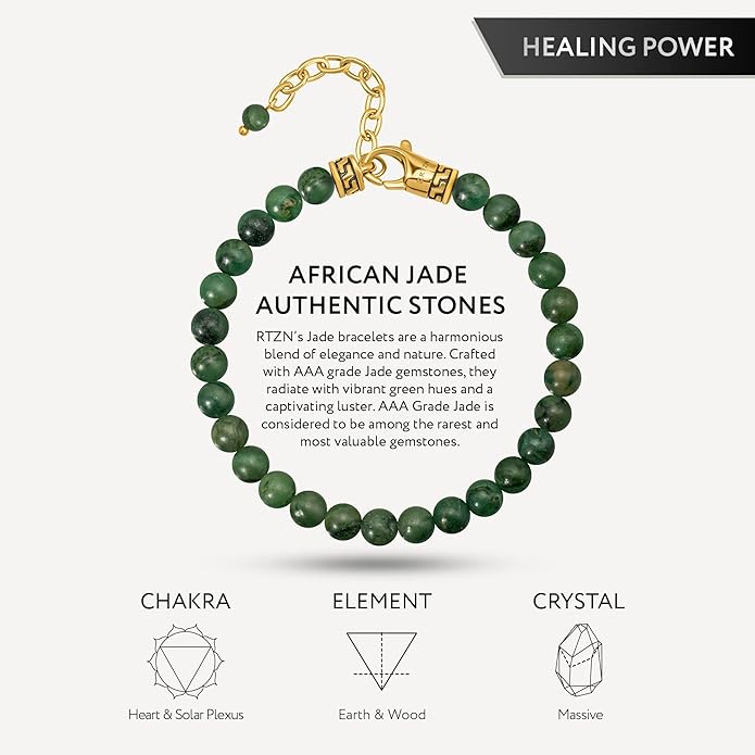 RTZN Jade Bracelet for Men – Premium Artisan Handcrafted Authentic Dark Green Jade Bracelet – 8MM Beaded Stone Mens Jade Bracelets