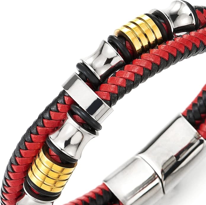 COOLSTEELANDBEYOND Mens Double-Row Braided Leather Bracelet Bangle Wristband with Stainless Steel Ornaments