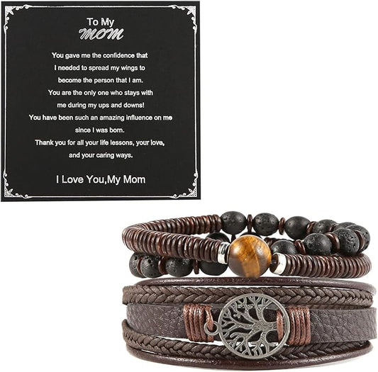 HZMAN Genuine Leather Tree of life Bracelets Men Women, Tiger Eye Natural Stone Lava Rock Beads Ethnic Tribal Elastic Bracelets Wristbands