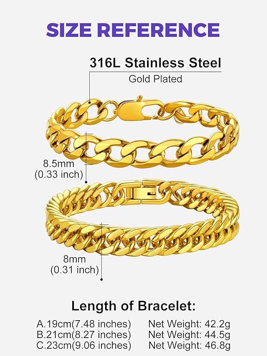 Richsteel 2PCS/3PCS Bracelets Chain for Men Women Stainless Steel Silver/Gold/Black Cuban/Rope Link Chain Bracelets Set, 7.4/8.2/9 Inch Hand Chain Length for Men Women Jewelry