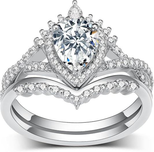 Pear-Shaped Moissanite Engagement Ring Set for Women, 10K 14K 18K Gold Pear-Cut Moissanite with Halo Wedding Bridal Split Shank Ring Set Pave Band Birthday Jewelry Gifts for Her