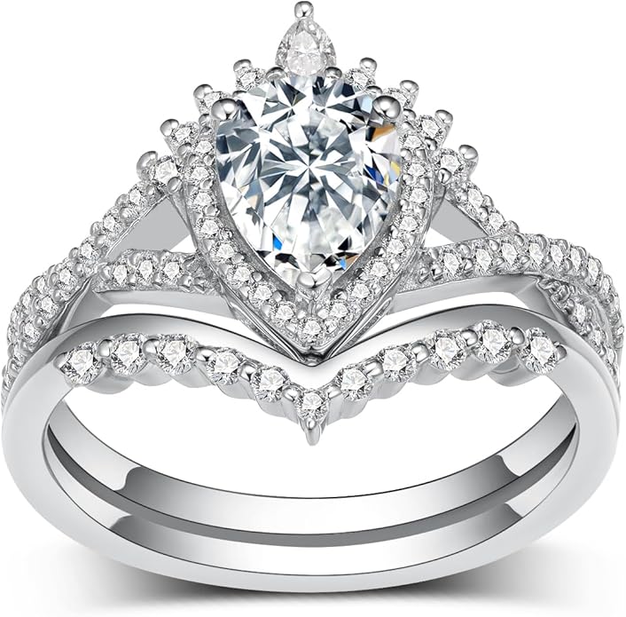 Pear-Shaped Moissanite Engagement Ring Set for Women, 10K 14K 18K Gold Pear-Cut Moissanite with Halo Wedding Bridal Split Shank Ring Set Pave Band Birthday Jewelry Gifts for Her
