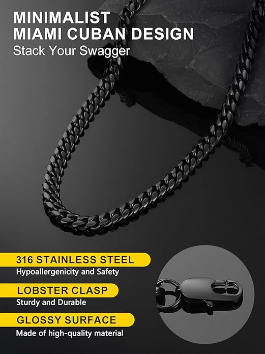 ChainsPro Chunky Miami Cuban Link Chains for Men,Stainless Steel Cuban Chain Necklace,4.8/6/10/14mm Width,No Tarnish& Thick Hip Hop Jewelry,18-30 inch Length, Black/Gold Plated/Silver,Send Gift Box