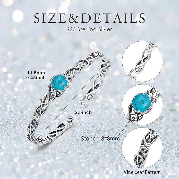 Natural Gemstone Vine Filigree Cuff Bracelet, 925 Sterling Silver Vintage Adjustable Bangle, Boho Floral Jewelry Gift for Women