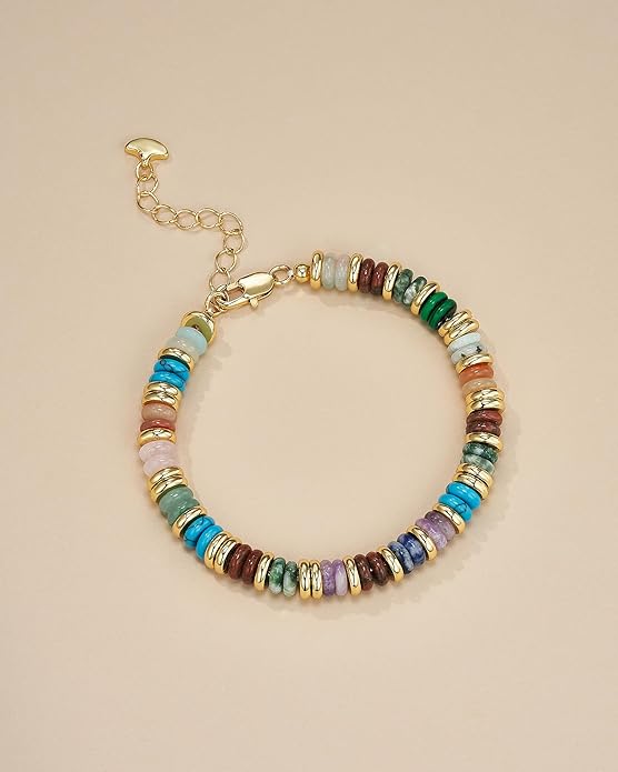 Colorful 18K Gold Plated Bracelets for Women, Stack Bangle Beaded Stone Jewelry Accessories Set for Woman, Trendy Fashion Jewelry Gifts