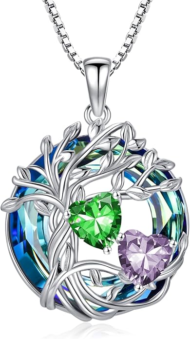 TOUPOP s925 Sterling Silver Family Celtic Tree of Life Pendant Necklaces with 2 Heart Birthstone with Blue Austrian Crystal Jewelry Birthday Anniversary Christmas Gifts for Her Wife Girlfriend Mom (18K Real White Gold Filled)
