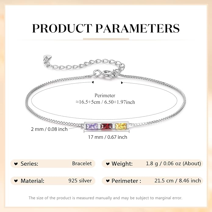 925 Sterling Silver Personalized Mom Birthstone Bracelets for Women — Custom Adjustable Dainty Jewelry for Mother’s Day, Birthday, Christmas Gifts for Mom Grandma Wife