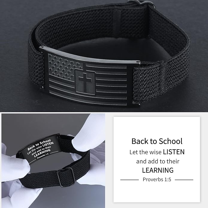 LDOWWGL Valentines Day Gifts - Mens Bracelet - American Flag Christian Cross Bracelet for Boys - Adjustable Black Elastic Stretch Strap with Bible Verse - Gift for Son Grandson