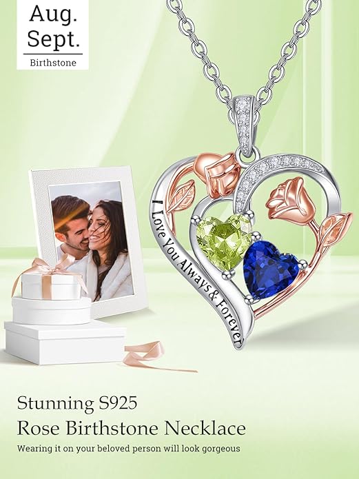 Zeuslia Double Birthstone Necklace Gifts for Wife - 925 Sterling Silver Sunflower/Rose/Crown Cross/Compass/Heart Pendant I Love You Necklace, Anniversary Birthday Gifts for Wife Girlfriend Mom Her