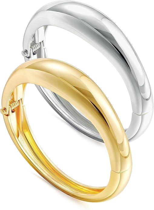 Gold Silver Bangles Bracelet for Women Trendy, 14K Gold Plated Dainty Thick Chunky Cuff Bracelet Stack
