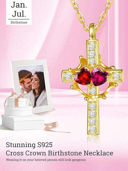 Zeuslia Double Birthstone Necklace Gifts for Wife - 925 Sterling Silver Sunflower/Rose/Crown Cross/Compass/Heart Pendant I Love You Necklace, Anniversary Birthday Gifts for Wife Girlfriend Mom Her