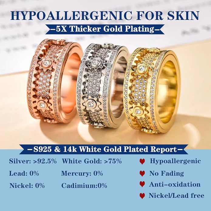 BEIBEINOYA Men's Spinner Ring for Anxiety - 14K Gold Plated Rotating Gear Ring with Moissanite, Kinetic Mechanical Jewelry, Stress Relief Fidget Ring for Men, Unique Gifts for Him
