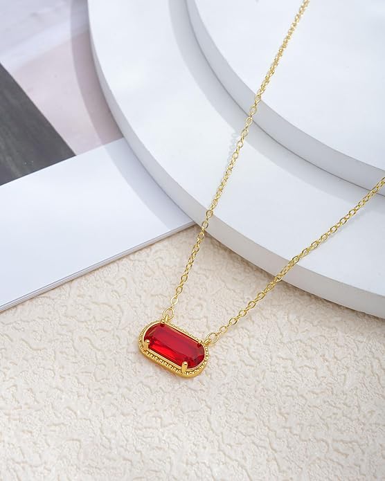 Lourny Gemstone Birthstone Pendant Layered Necklace for Women Trendy, 18K Gold Plated Paperclip Chain Preppy Choker Charm Necklace for Women Wife Jewelry