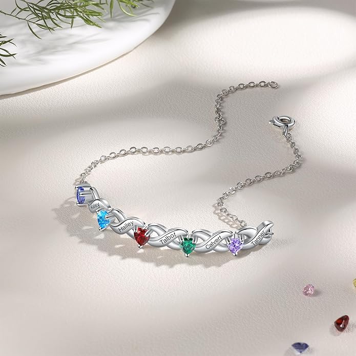Personalized Custom Name Heart Bracelet with 1-6 Birthstone Bracelets for Women Engraved Family Names Link Bracelets for Mother's Day Mom Daughter