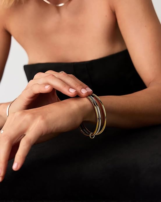 NOKMIT Triple Interlocked Stackable Bangle Bracelets for Women 3-Pack Two-Tone High Polished Stainless Steel Bangle Set Classic Plain Thin Non-Tarnish Gold&Silver