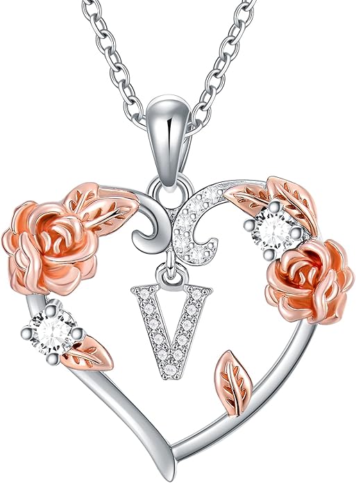 AOBOCO Rose Heart Necklaces Valentines Gifts for Women, 925 Sterling Silver Rose Love Heart Initial Letter Pendant Necklace Jewelry Mothers Day Christmas Birthday Gifts for Her Mom Wife Girlfriend